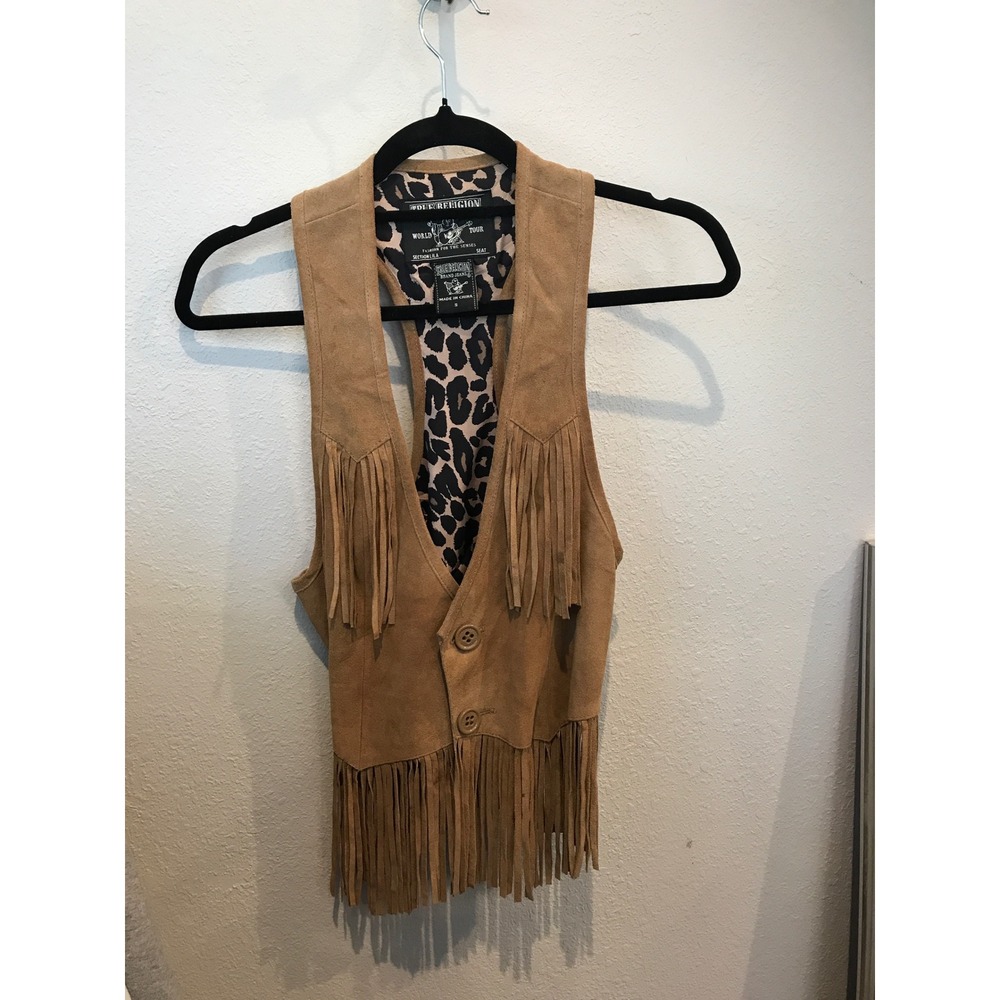 True Religion Tan Suede Fringe Vest Leopard Print Lining Western Boho Small